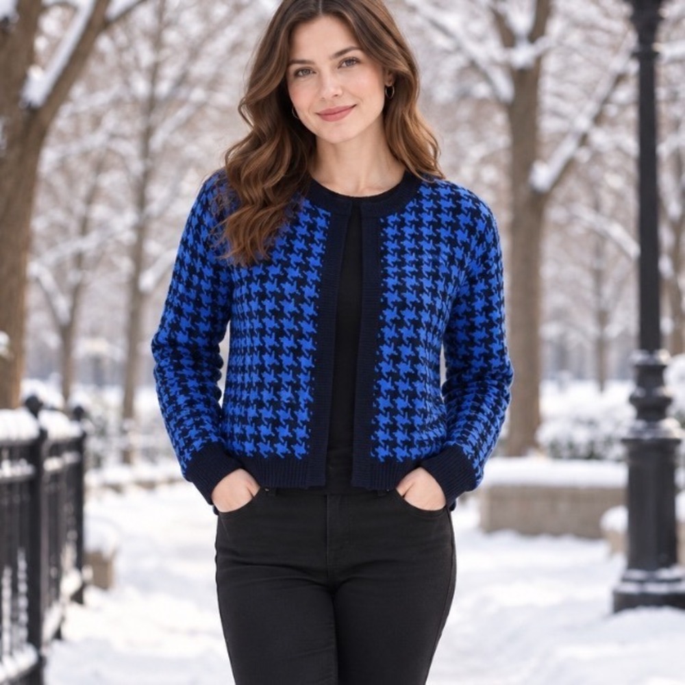 Kim Rogers Cardigan Sweater Large  Blue Black Hounds Tooth Print Womens‎